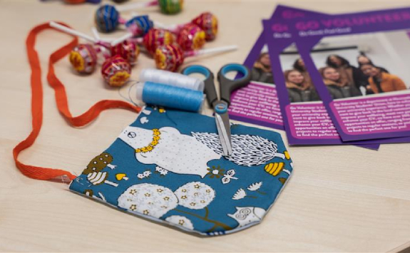 A craft session, sewing wiggly bags for children in hospital. 